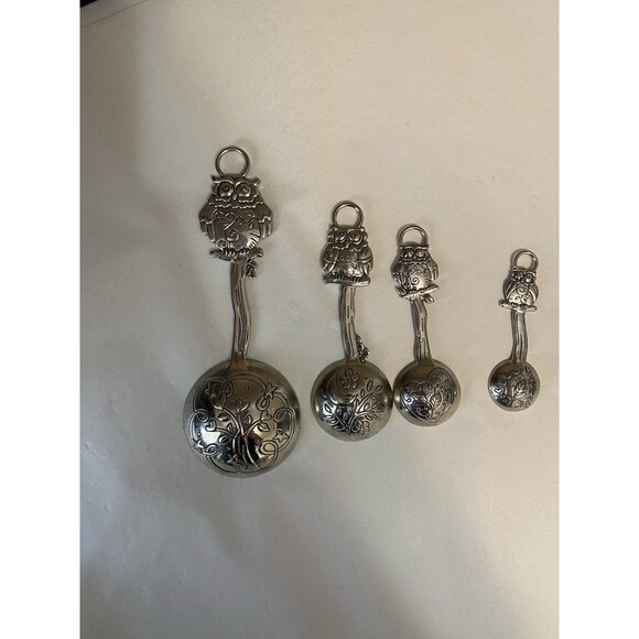 Owls Measuring Spoons Amber Silver Owls Branches Tree Hearts 4 Pc Set - Picture 7 of 13